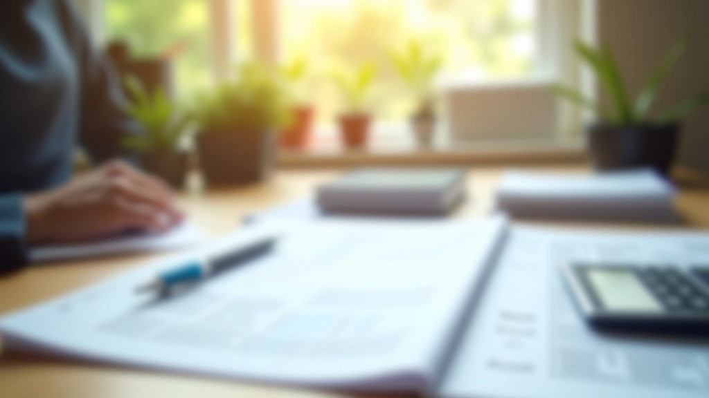 Organized workspace with accounting ledger, calculator, and financial documents spread across wooden desk with morning sunlight