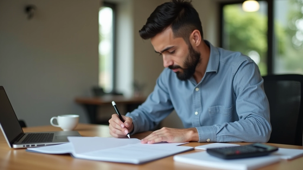 Small business owner reviewing financial records at desk with laptop and organized folders