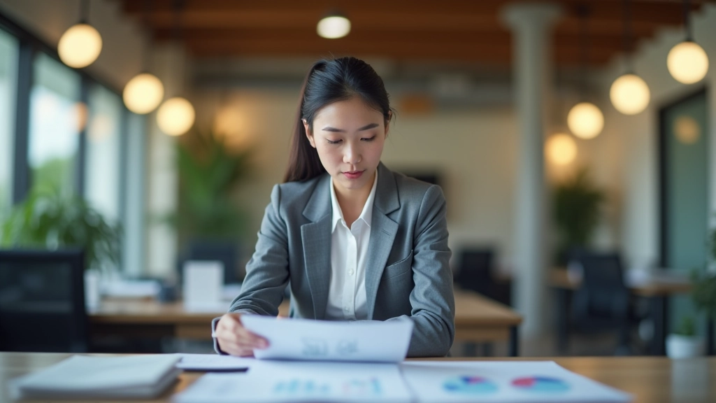 Business owner reviewing financial reports and balance sheets at workspace