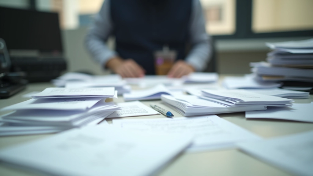 Scattered receipts and disorganized papers on a desk representing poor bookkeeping habits and messy record-keeping