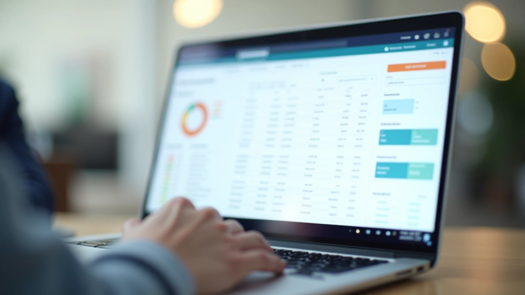 Computer monitor displaying accounting software dashboard with charts, transaction lists, and financial summaries