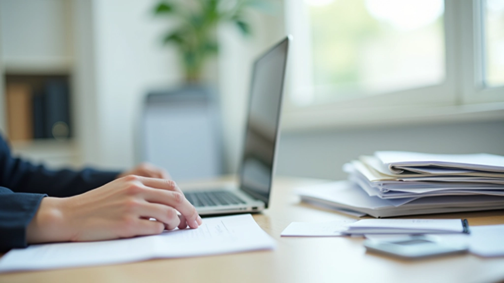 Modern home office workspace with organized file folders, labeled document organizers, computer showing spreadsheet, and filing system with clear labeling system
