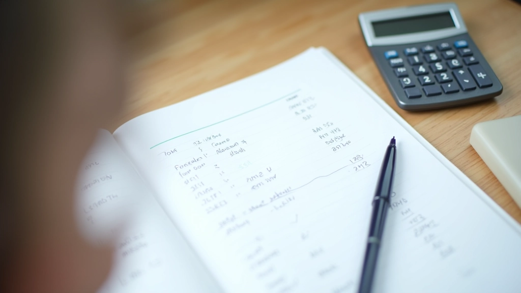 Open notebook with handwritten financial entries, calculator, and pen on wooden desk