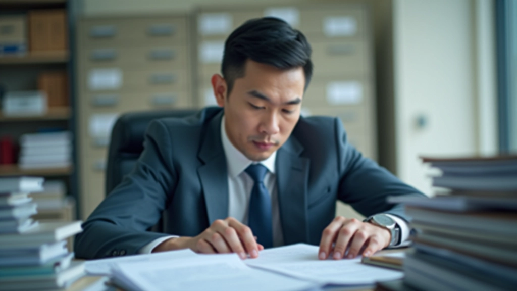Stressed business person at desk with scattered documents and files, showing disorganized record keeping and compliance issues