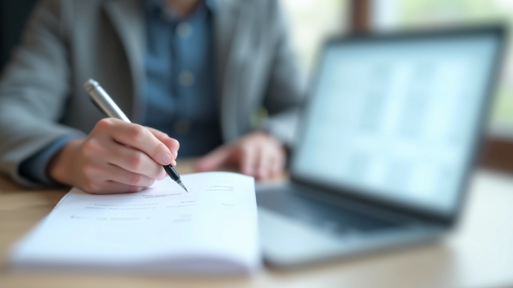 Split view showing handwritten accounting ledger on left side and laptop screen with digital spreadsheet on right side