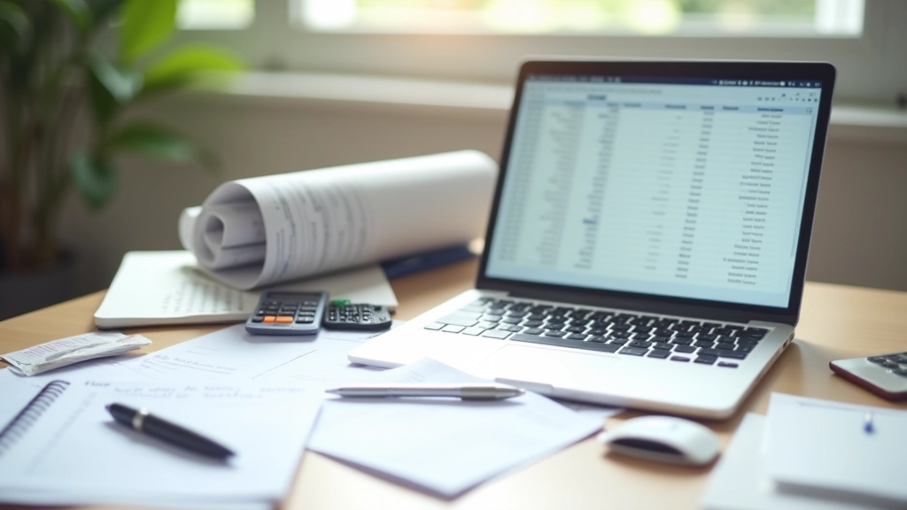 Workspace showing both digital and paper methods - laptop open with spreadsheet, notebook, receipts, and calculator organized together