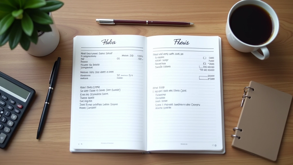 Clean desk workspace with open notebook containing handwritten accounting entries and calculator nearby